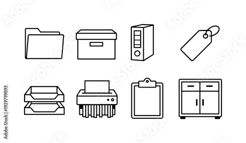 Office filing supplies: file folder, archive box, binder, label tag, document tray, shredder, clipboard, storage cabinet