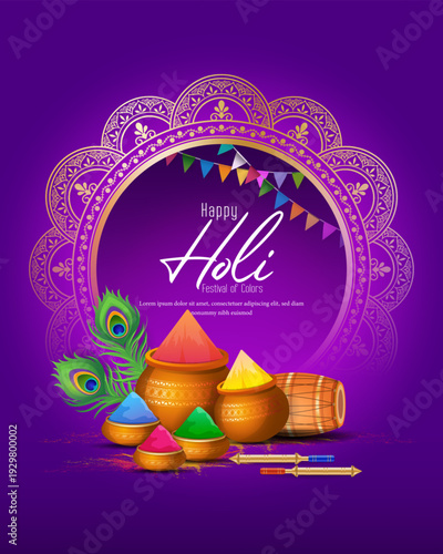 Happy Holi Festival Poster Template Design With Pichkari And Powder Color Bowls. Hindu Festival Of Colors - Holi.