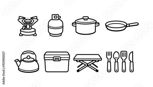 Camping cooking gear: portable stove, gas canister, cooking pot, frying pan, kettle, cooler box, camping table, utensil set