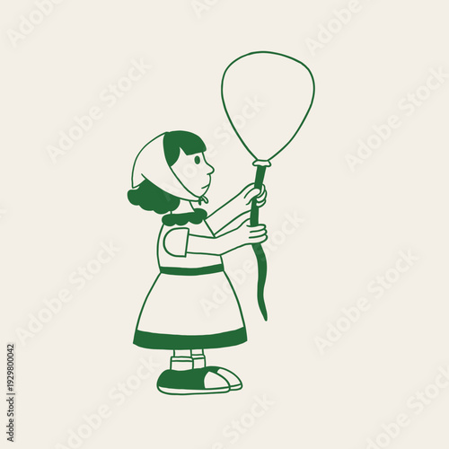 girl children holding balloons cartoon illustration