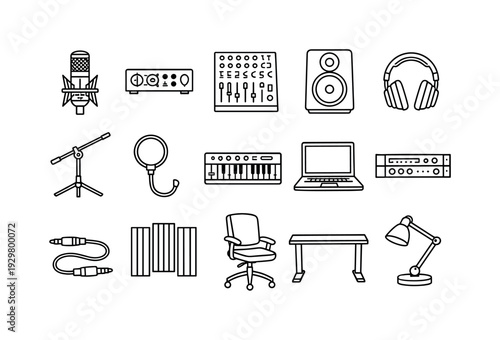 Home recording studio setup: studio microphone, audio interface, mixing console, studio monitor, headphone, microphone stand, pop filter, midi