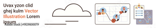 Cloud computing, data sharing, business analytics, network communication, team collaboration, digital technology. A cloud, connected profile icons and analytics chart. Cloud computing and data