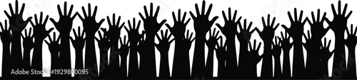 Black and white silhouette illustration of a large crowd with raised hands for volunteering voting or concert audience concepts
