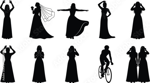 Set of various black female silhouettes including brides in wedding dresses women in long gowns and a female cyclist