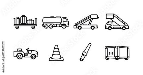Airport ground equipment: luggage cart, fuel truck, baggage conveyor, stair truck, tow tractor, traffic cone, signal wand, cargo container