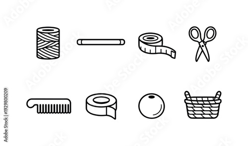 Macrame wall hanging tools: macrame cord, wooden dowel, measuring tape, scissors, comb, tape roll, bead, storage basket