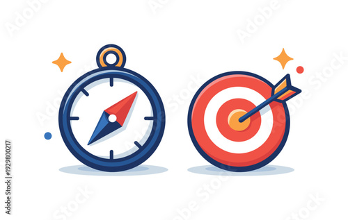 Corporate competitive analysis and market positioning strategy refining unique value propositions in crowded industries, a simple compass icon paired