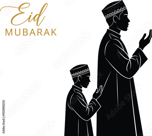 Minimalist silhouette illustration of a Muslim father and son praying together with golden Eid Mubarak text for Islamic holiday celebrations