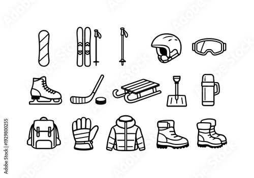 Winter sports gear: snowboard, ski, ski pole, helmet, goggles, ice skate, hockey stick, puck, sled, snow shovel, thermos, backpack, glove, jacket