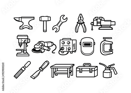 Home workshop metal tools: anvil, hammer, wrench, pliers, vise, drill press, angle grinder, welding machine, welding mask, metal clamp, file, chisel