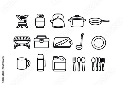 Camping cooking equipment: camp stove, gas canister, kettle, cooking pot, frying pan, portable grill, cooler box, cutting board, knife, ladle, plate