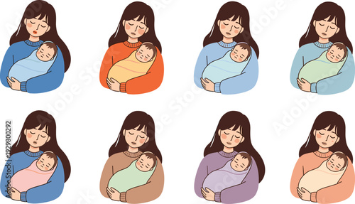 Set of eight colorful flat vector illustrations showing a loving mother holding her adorable sleeping newborn baby in various outfits