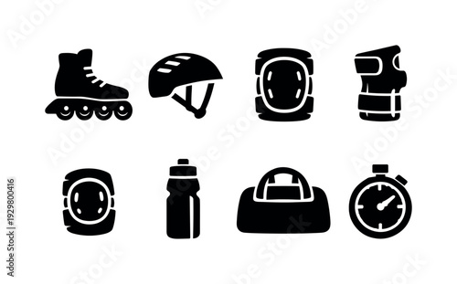 Inline skating equipment: inline skate, helmet, knee pad, wrist guard, elbow pad, water bottle, sports bag, stopwatch