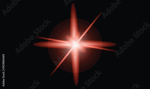 Light effect radiant starburst with glowing red light beams on black background