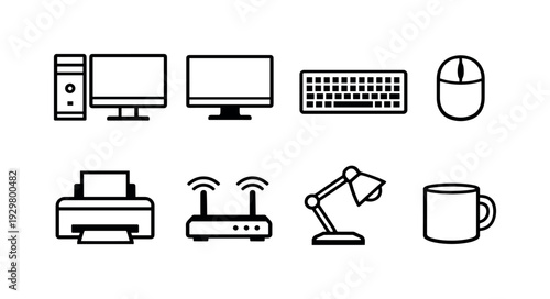 Office workspace gadgets: desktop computer, monitor, keyboard, mouse, printer, router, desk lamp, coffee mug