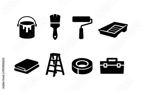 Home fence painting tools: paint bucket, paint brush, paint roller, paint tray, drop cloth, ladder, masking tape roll, tool box