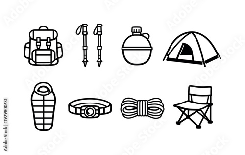 Camping river hike gear: backpack, trekking poles, water canteen, camping tent, sleeping bag, headlamp, rope coil, folding chair