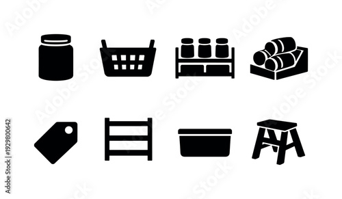 Home pantry storage items: glass jar, storage basket, spice rack, can organizer, label tag, shelving unit, food container, step stool