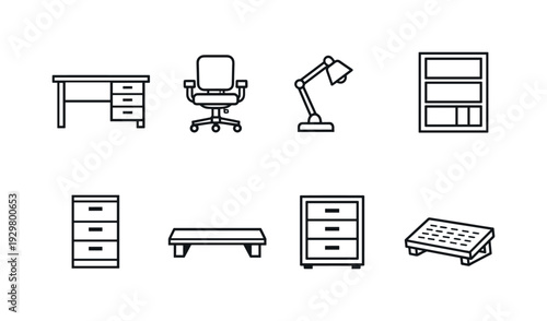 Home office furniture: office desk, office chair, desk lamp, bookshelf, filing cabinet, monitor stand, drawer unit, footrest