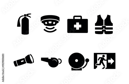 Emergency equipment: fire extinguisher, smoke detector, first aid kit, life jacket, flashlight, whistle, fire alarm bell, emergency exit sign