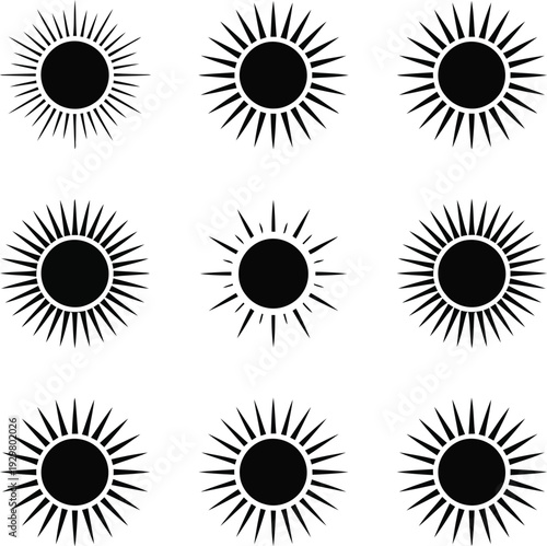 Nine black and white sun symbols arranged in a three by three grid pattern. Vector