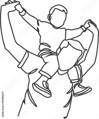 A continuous line drawing depicts a boy joyfully leaping with a bottle in each hand exuding energy and movement high quality