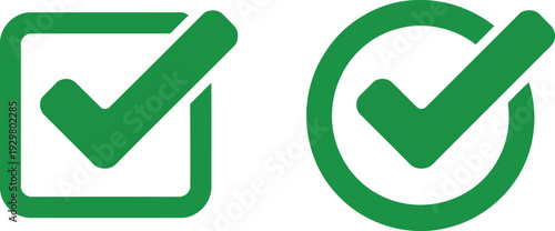 Green check marks inside a square and a circle indicating completion or approval. Vector