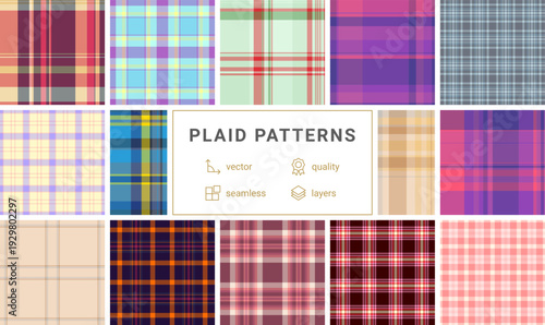 Plaid collection designed for fashion print materials. Tartan backgrounds enhance lookbooks, catalogs, and e-commerce presentations. Vector output remains refined.