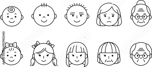 Human life cycle avatar set with linear icons of babies children adults and senior citizens isolated on white background vector
