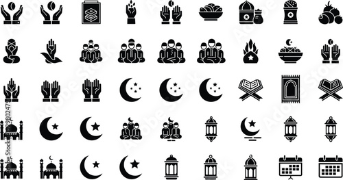 Islamic religious icon set with ramadan kareem symbols mosque lanterns moon stars and people praying isolated on white background vector