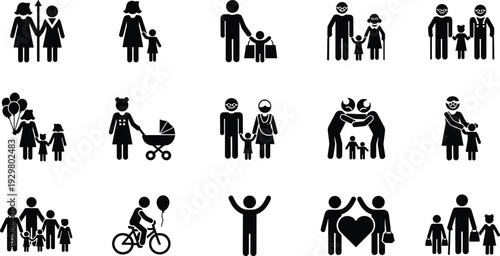Black family silhouettes set with parents children grandparents shopping walking and riding bicycle isolated on white background for lifestyle concepts