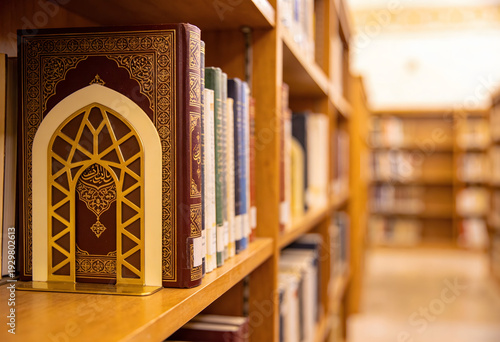 Islamic religious books on library shelf with golden decorative bookend stand
