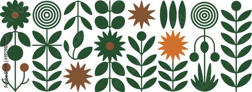 Horizontal Banner of Stylized Green and Orange Botanical Elements