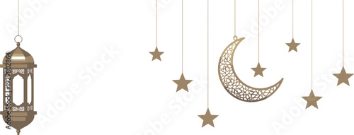 Islamic decorative elements with crescent moon and lantern on white background