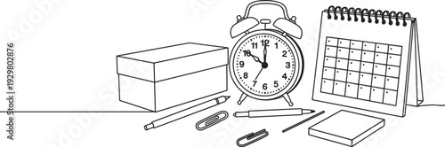 Line art drawing of office supplies and a calendar on white background