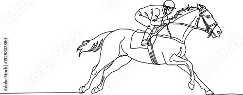 Line art drawing of a jockey riding a racehorse on white background