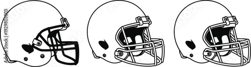 Three American Football Helmets Side View Line Art