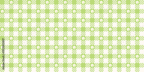 Spring gingham seamless pattern with daisy. Green tartan plaid wallpaper. Retro tablecloth texture. Simple small checkered plaid tattersall pattern. Print for fabric and textile. Vector illustration