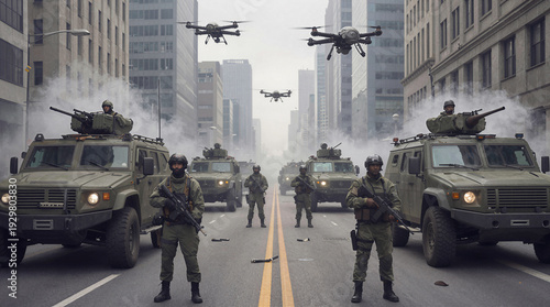 Armed soldiers and armored vehicles patrolling city street under drone surveillance. Military force maintaining order in urban environment during state of emergency.
