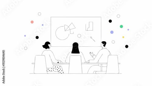 Flat illustration of three people in a meeting with a whiteboard and colorful background