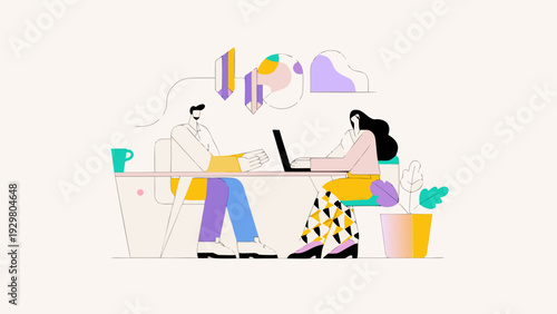 Minimal flat illustration of two people working together on laptops at a desk with colorful office supplies