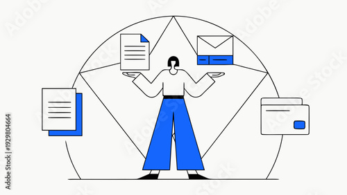 Flat illustration of a professional juggling paperwork and emails in a circular workflow