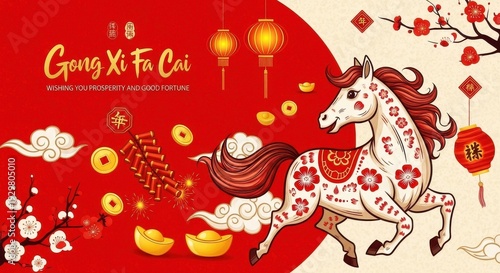 Chinese New Year Horse Illustration with Lanterns.