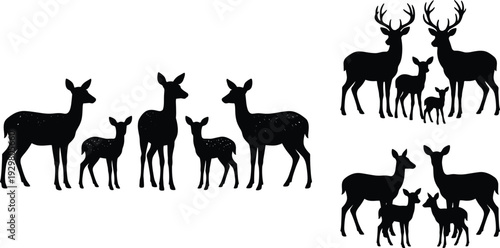 Vector set of black deer silhouettes, forest wildlife animal family with bucks and fawns collection isolated on white for nature hunting woodland design