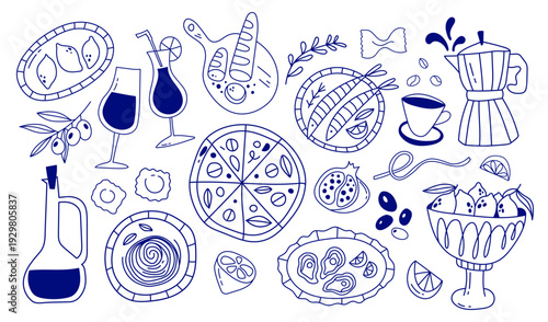 Hand-drawn Italian food collection with pizza, pasta, wine, cheese, bread and traditional dishes. Flat vector illustration in blue line style for menus, packaging, posters and restaurant design.