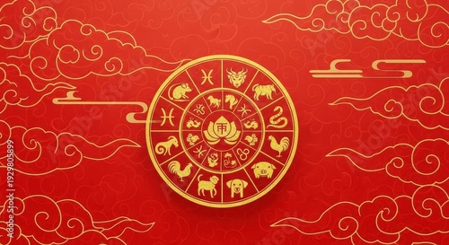 Chinese Zodiac Wheel with Red Background.