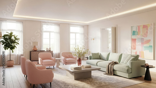 Modern living room interior with pastel furniture and natural light cozy home decor