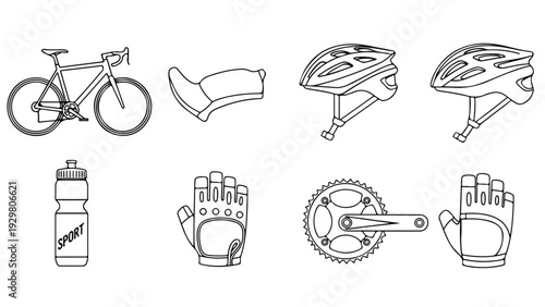 Line drawings of bicycle and cycling accessories including bike, saddle, seats, water bottle, gloves, and crankset on white background.