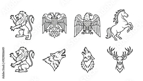 A set of eight black and white line drawings of various mythical and real animal heads and creatures on a plain white background.