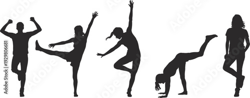 Diverse human silhouettes in dynamic dance poses Keywords: silhouette, dance, movement, pose